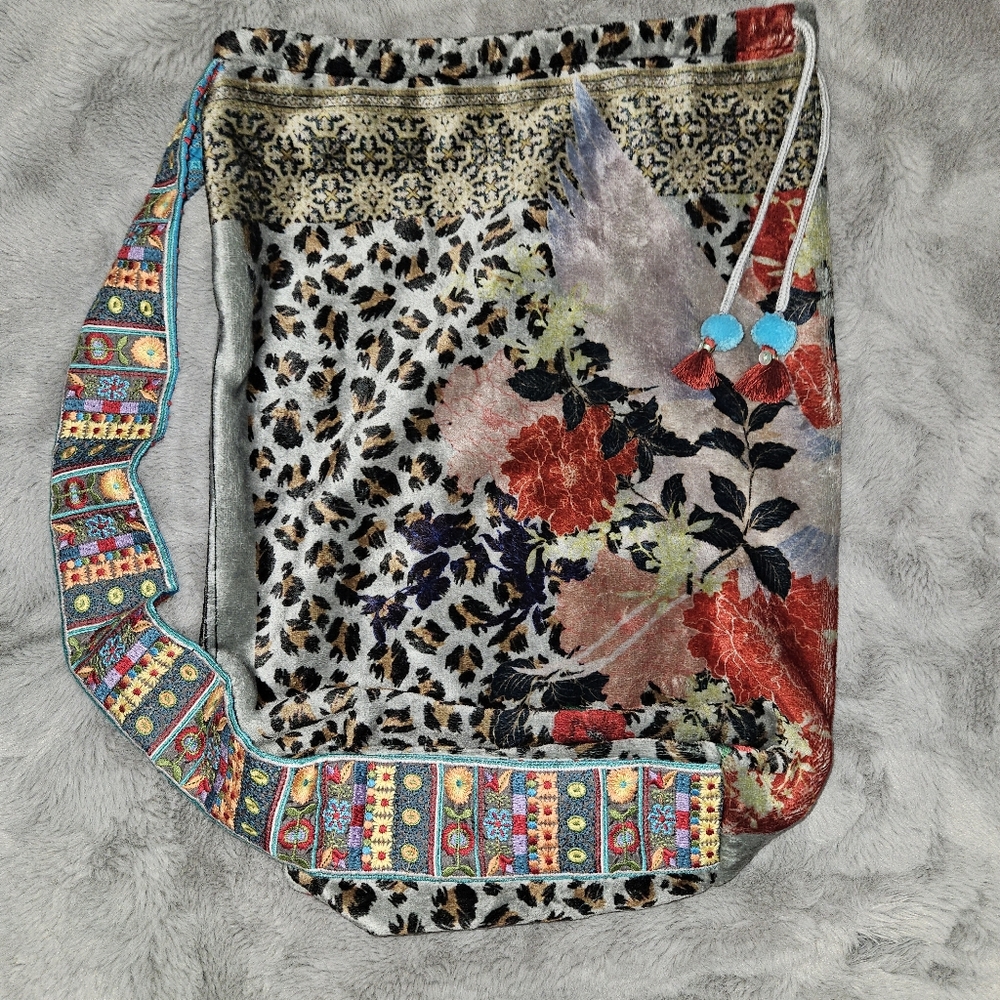 Johnny Was Drawstring Bag Embroidered Strap Soft Storage Leopard Boho Tassels - Picture 3 of 10